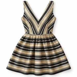 J. Crew Gold Stripe Deep V Mini Dress Charcoal Cream Size 2